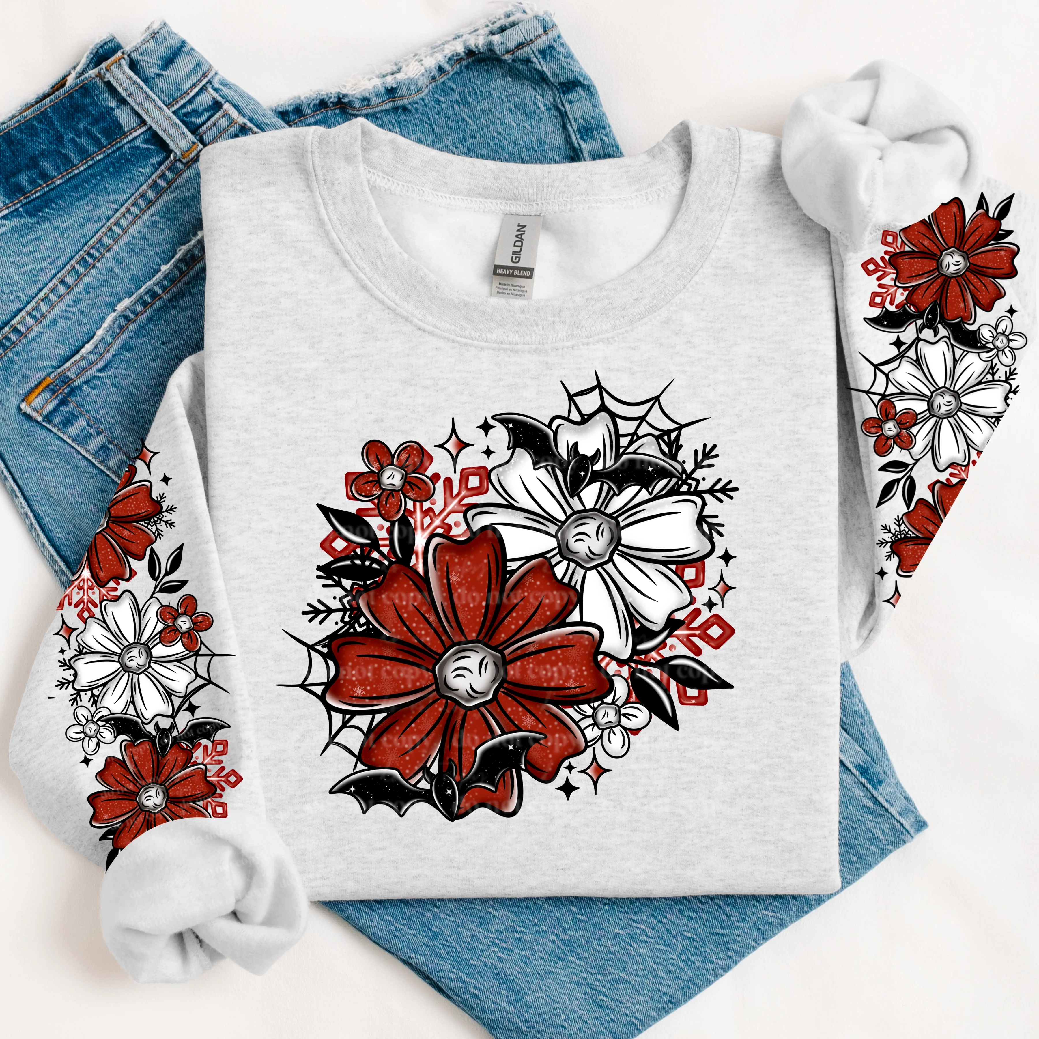 BAT MERRY FLORAL - CREWNECK SWEATSHIRT W/ SLEEVE PRINT