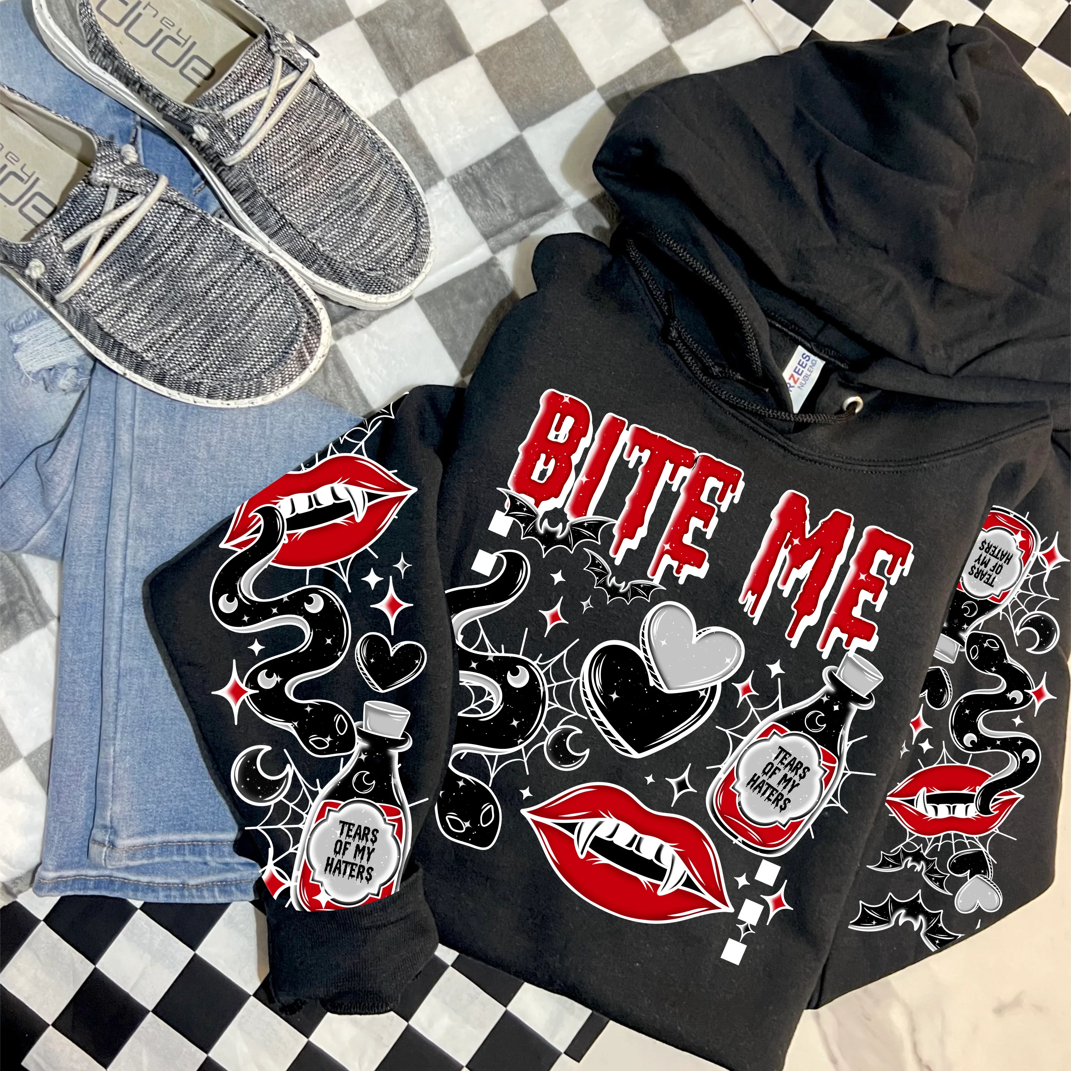 BITE ME- FRONT & DOUBLE SLEEVE DESIGN HOODIE