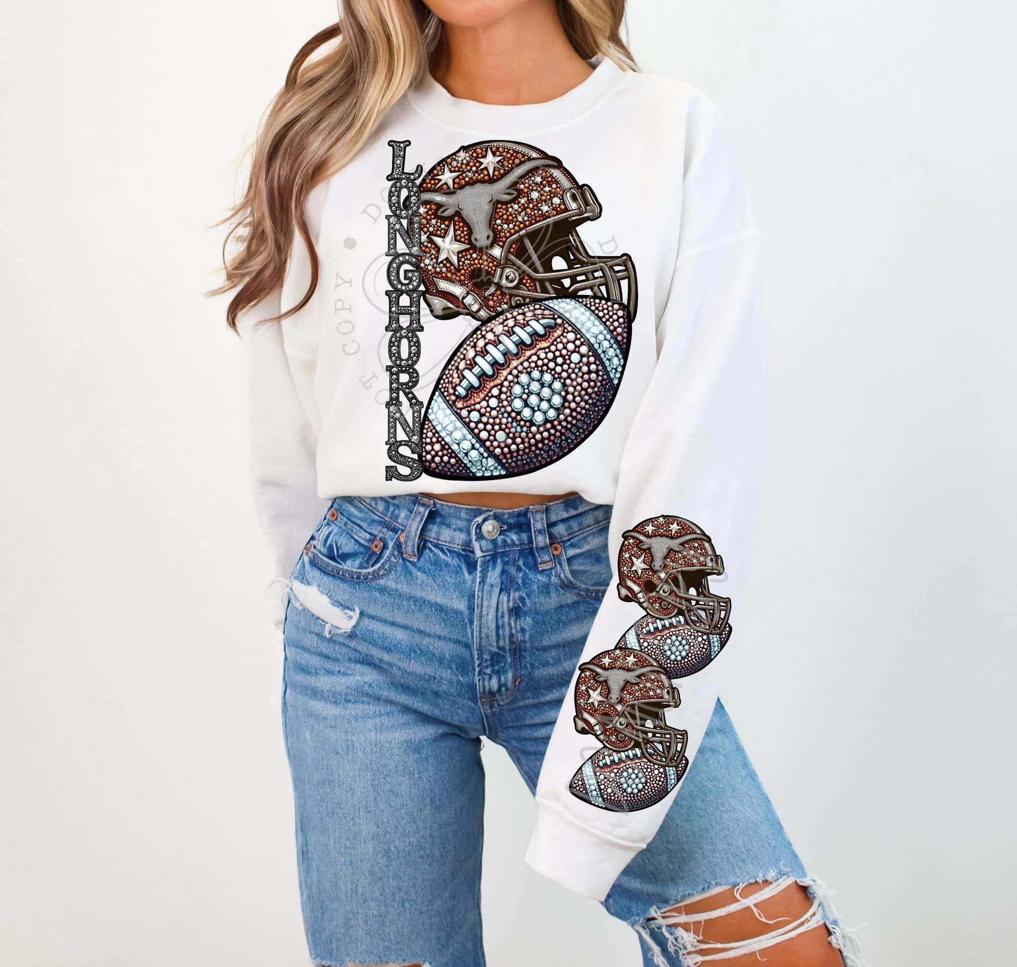BLING LONGHORN 2 CREWNECK SWEATSHIRT W/ SLEEVE PRINT