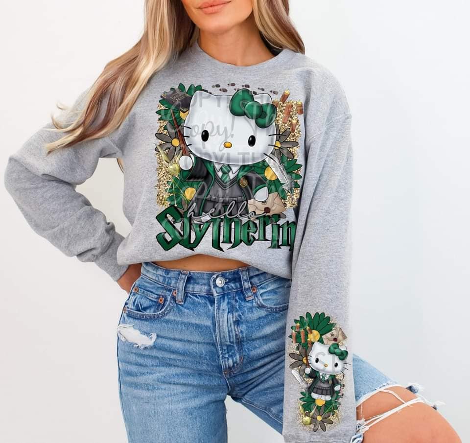GREEN HOUSE KITTY- CREWNECK SWEATSHIRT  W/ SLEEVE PRINT