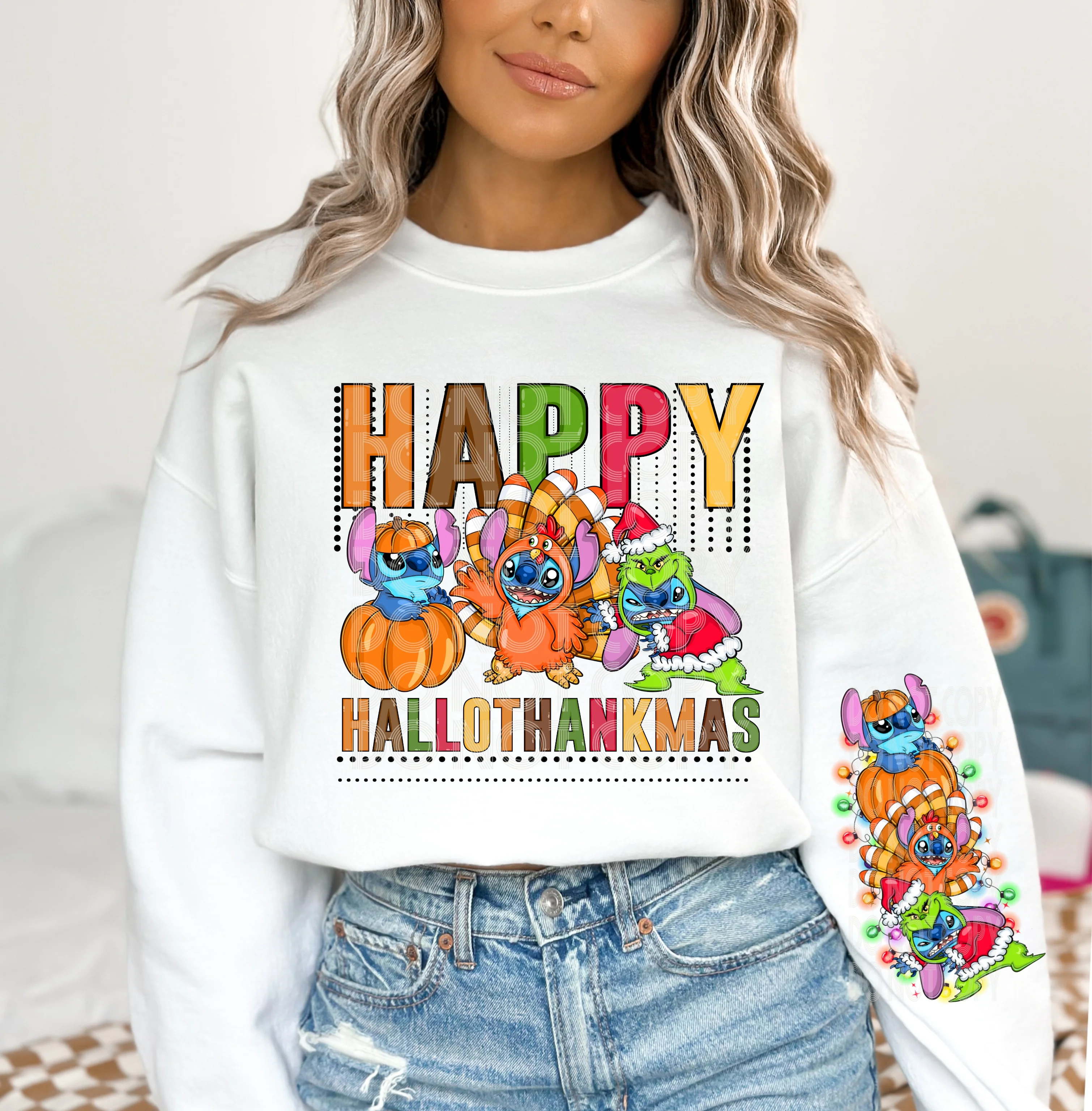 HALLOWTHANKSMAS - ALIEN COSPLAY RUN - CREWNECK SWEATSHIRT W/ SLEEVE PRINT