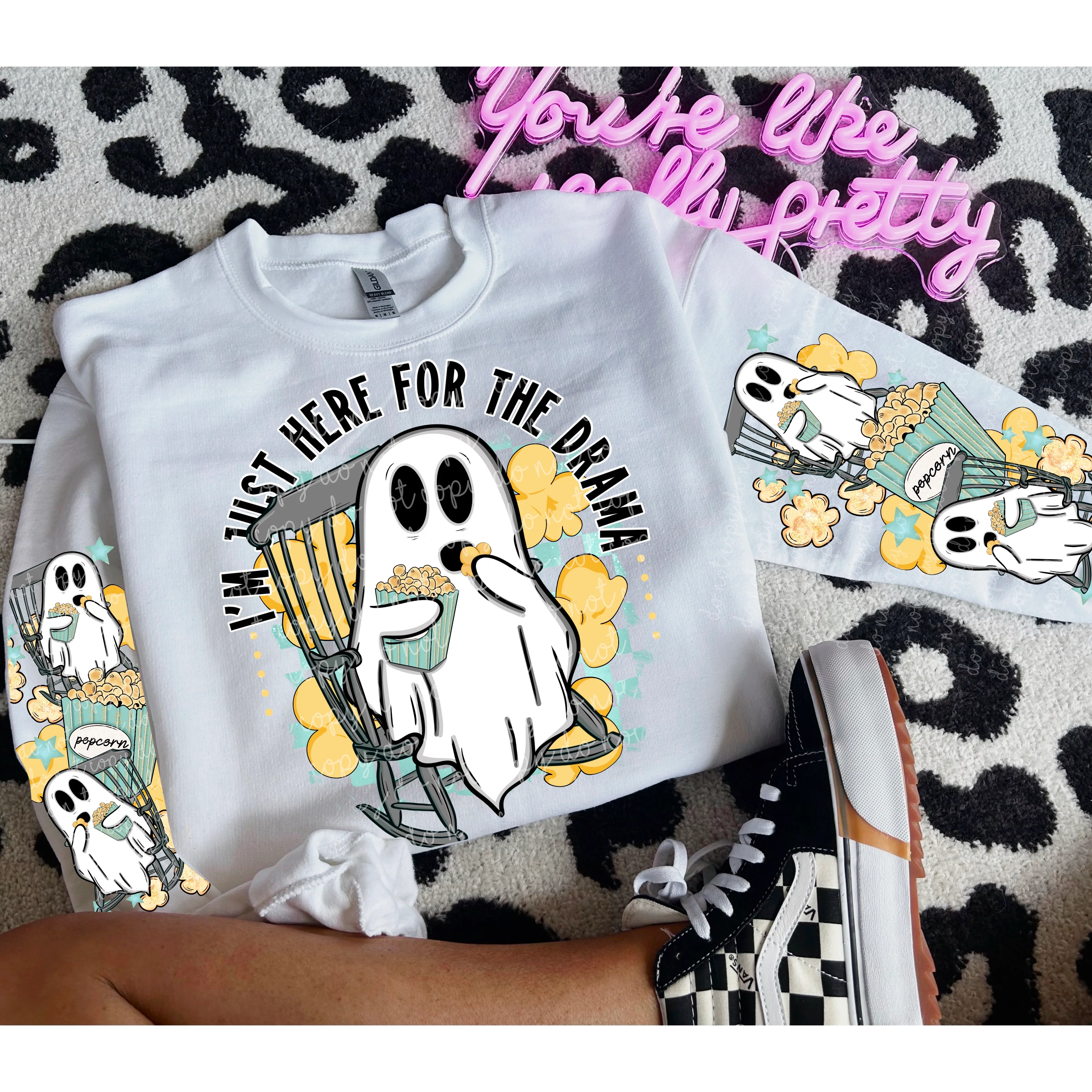 HERE FOR THE DRAMA- CREWNECK SWEATSHIRT  W/ SLEEVE PRINT