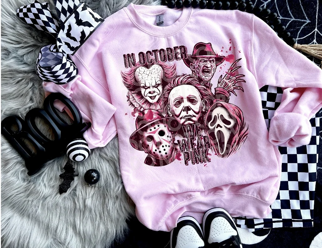 IN OCT WE WEAR PINK HORROR - LT PINK CREW NECK SWEATSHIRT