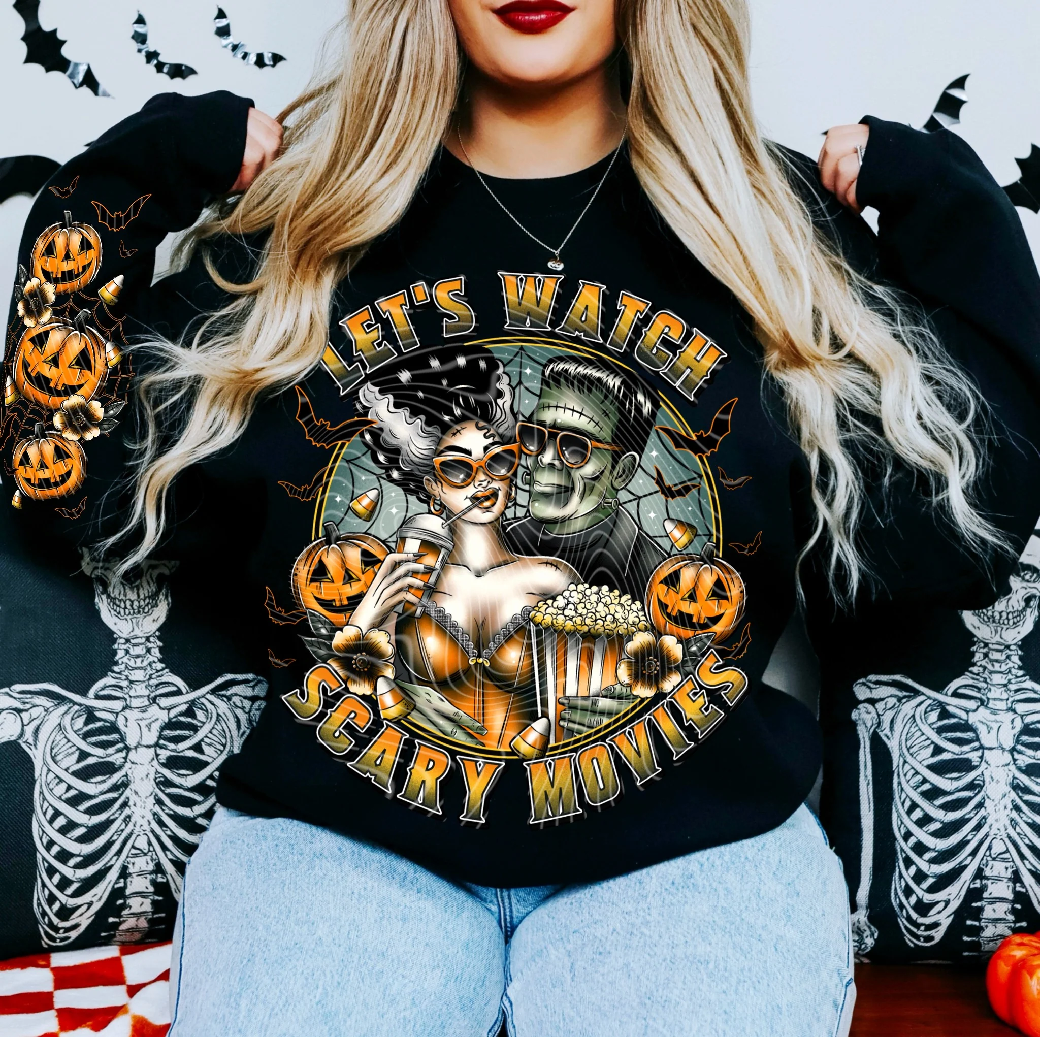 LETS WATCH SCARY MOVIES CREWNECK SWEATSHIRT W/ SLEEVE PRINT - Image 2
