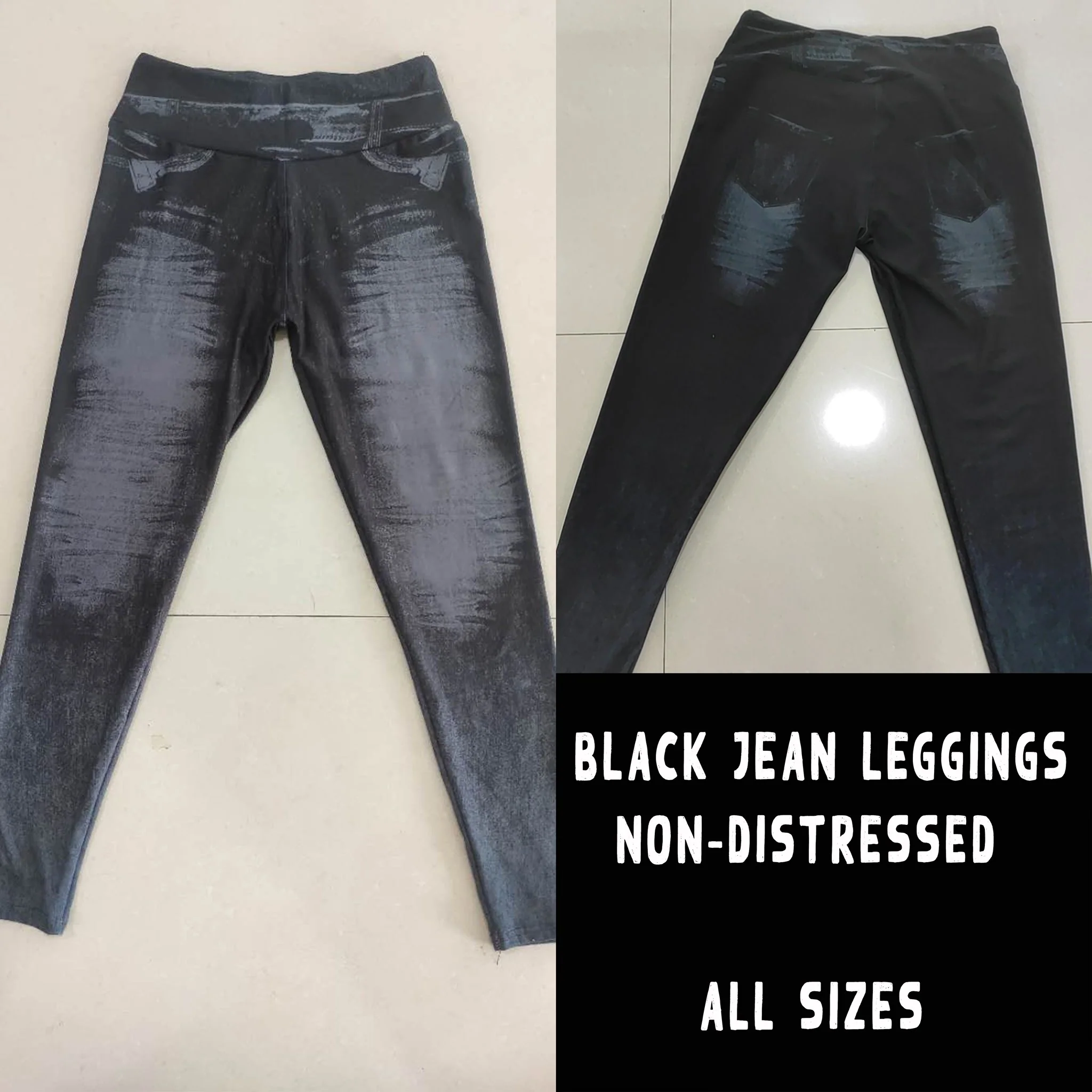 NON DISTRESSED BLUE AND BLACK - DENIM RUN W/ BACK POCKETS - LEGGINGS/CAPRI - Image 3