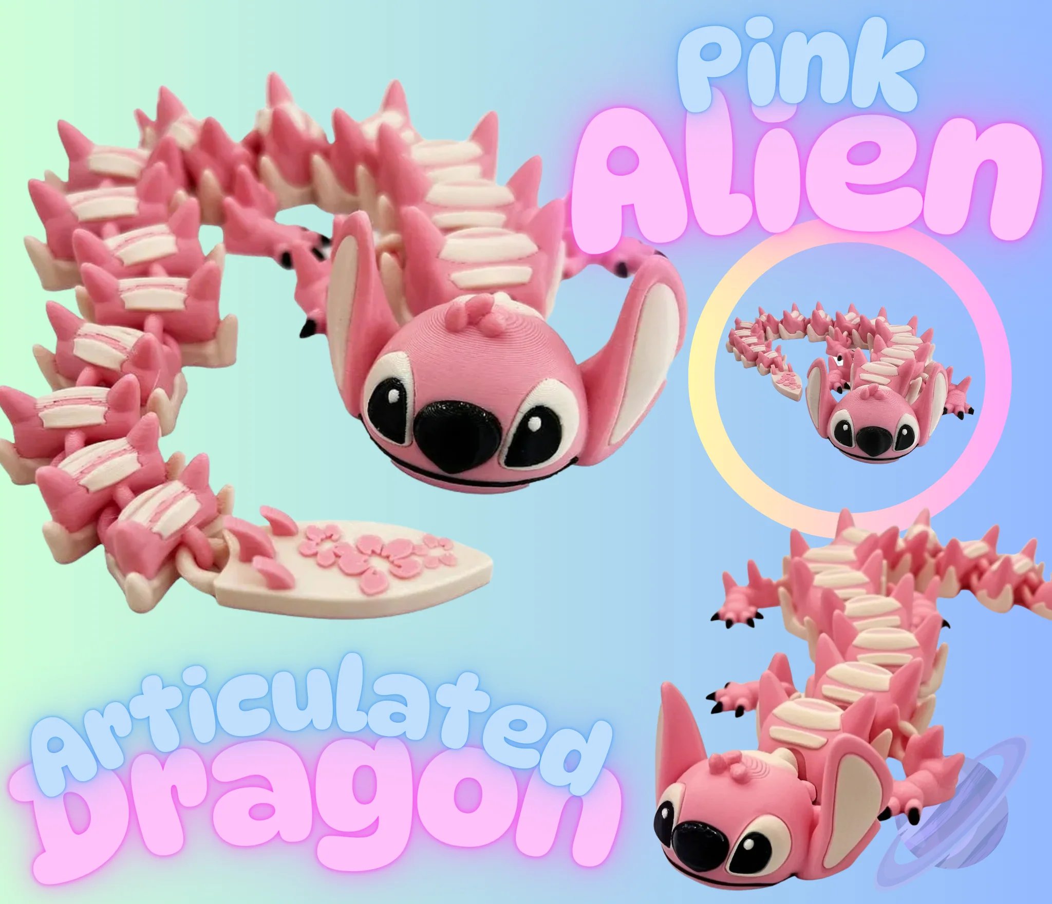 3D PRINTED PINK ALIEN ARTICULATED DRAGON