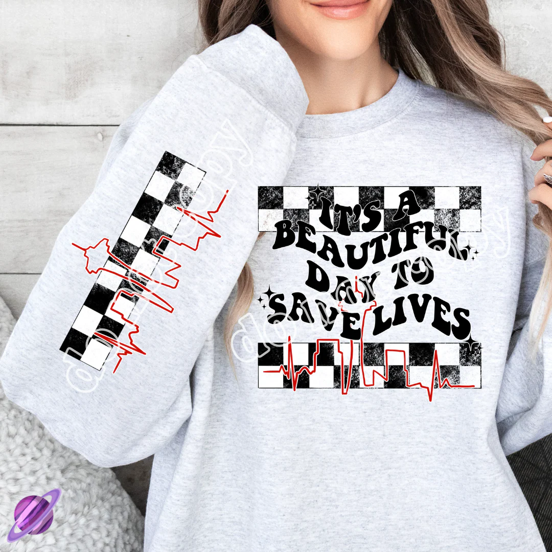SAVE LIVES W/ SLEEVE PRINT CREWNECK SWEATSHIRT