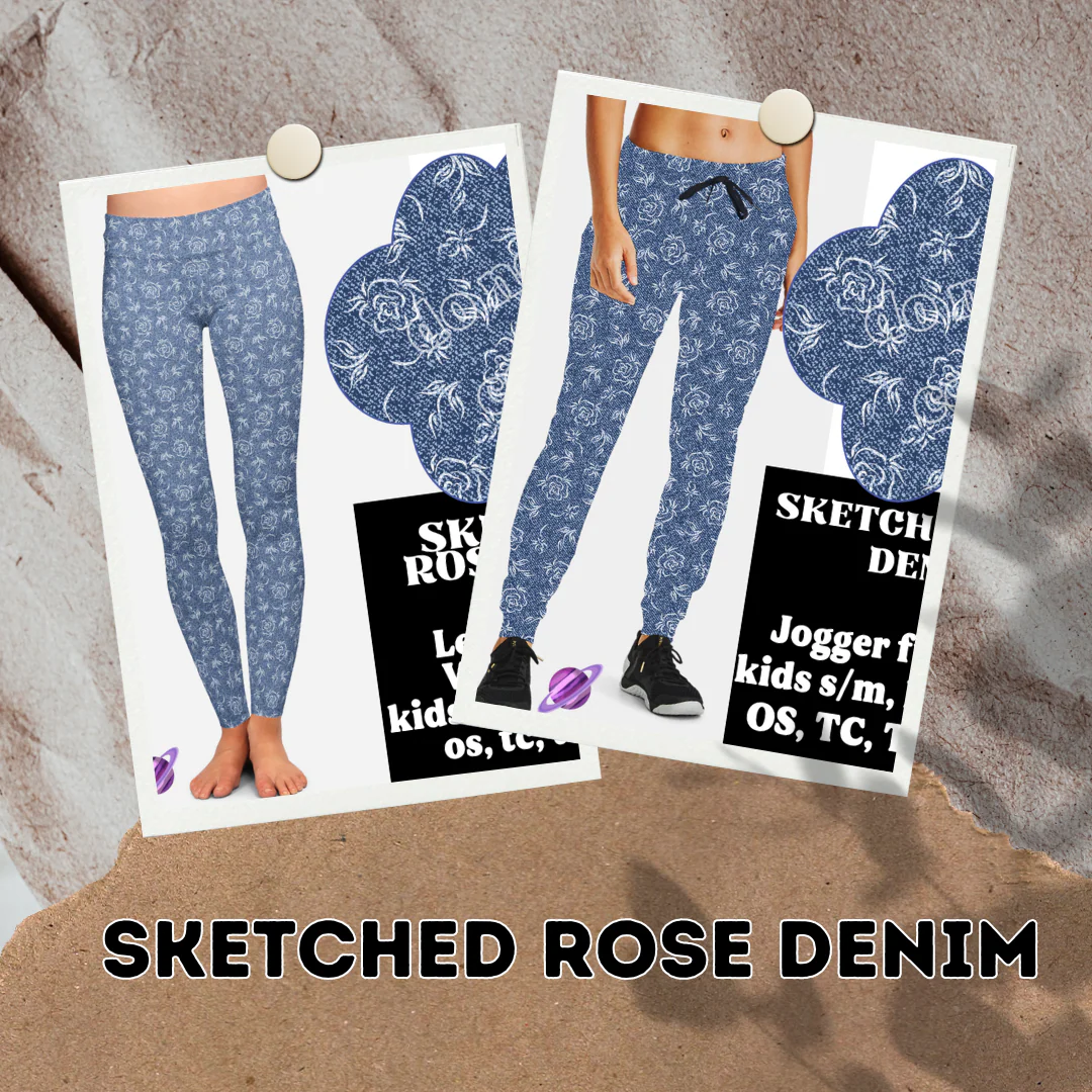 SKETCHED ROSE- DENIM PATTERN RUN - LEGGING/CAPRI - Image 3