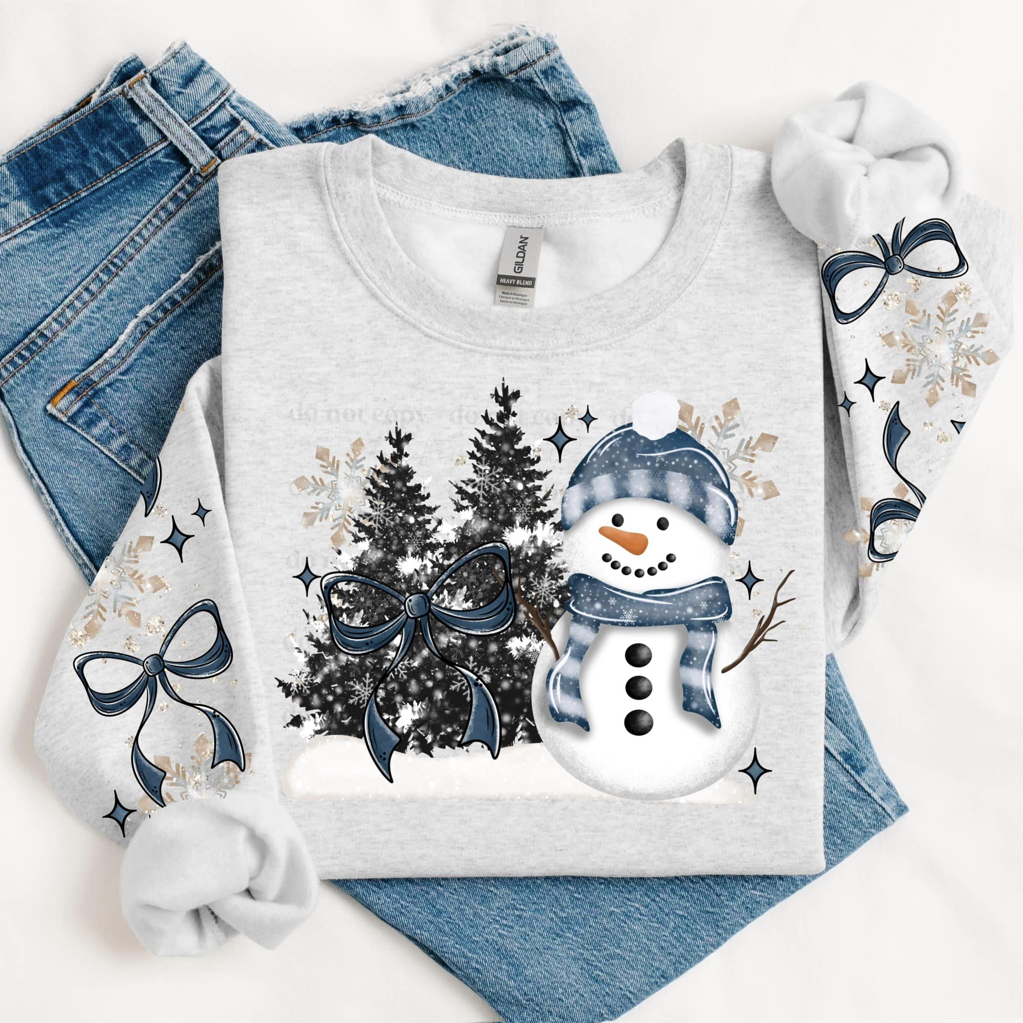 SNOWMAN BOWS SWEATSHIRT W/ SLEEVE PRINT