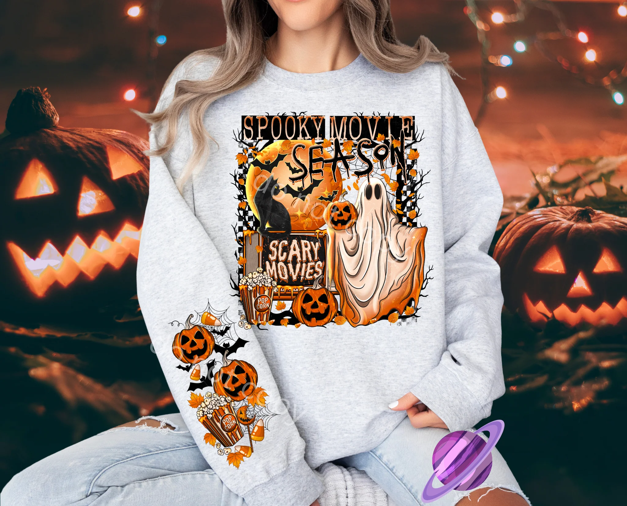 SPOOKY MOVIE SEASON CREWNECK SWEATSHIRT W/ SLEEVE PRINT