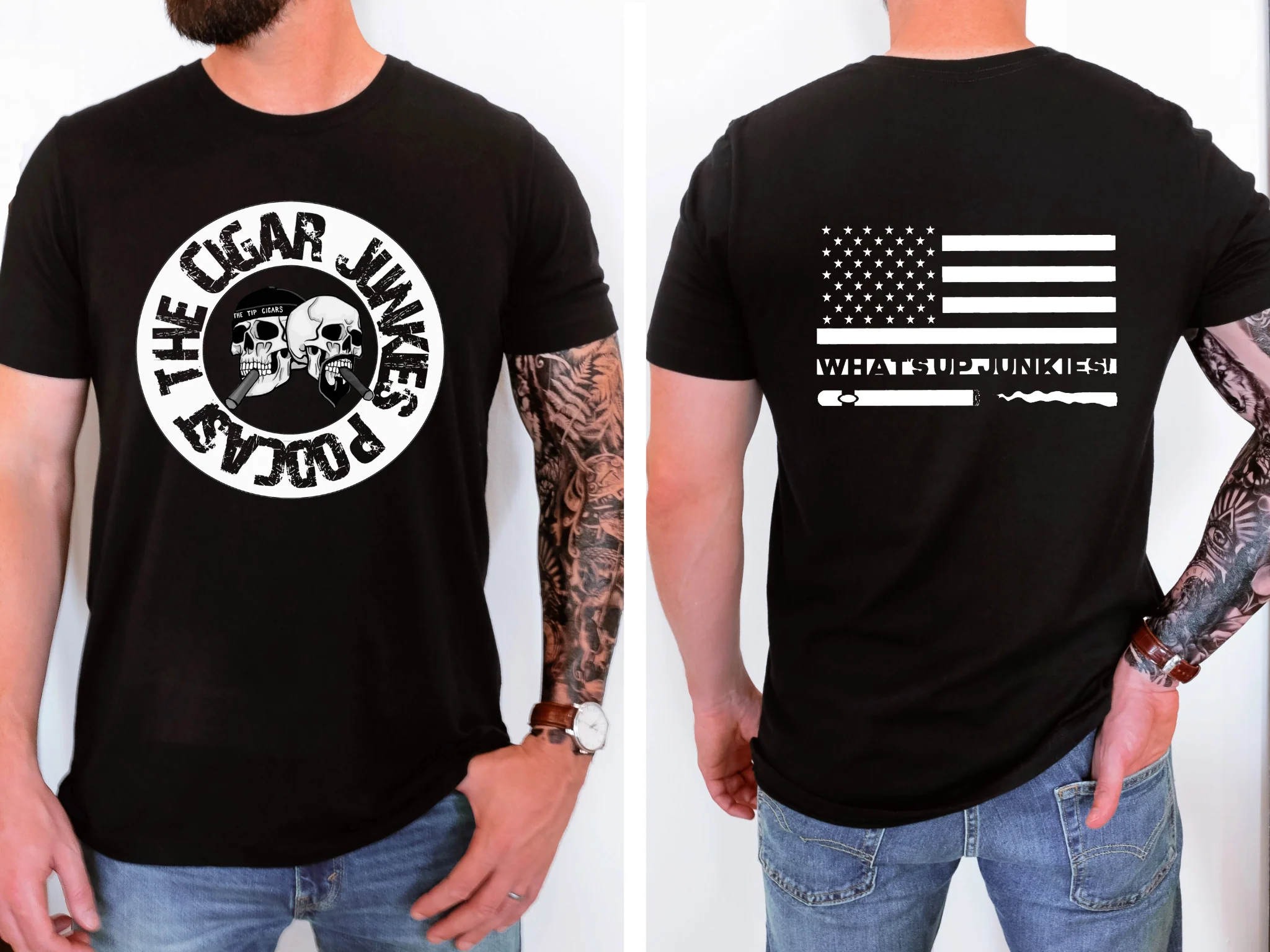 THE CIGAR JUNKIES PODCAST BW SKULL DOUBLE SIDED TEE